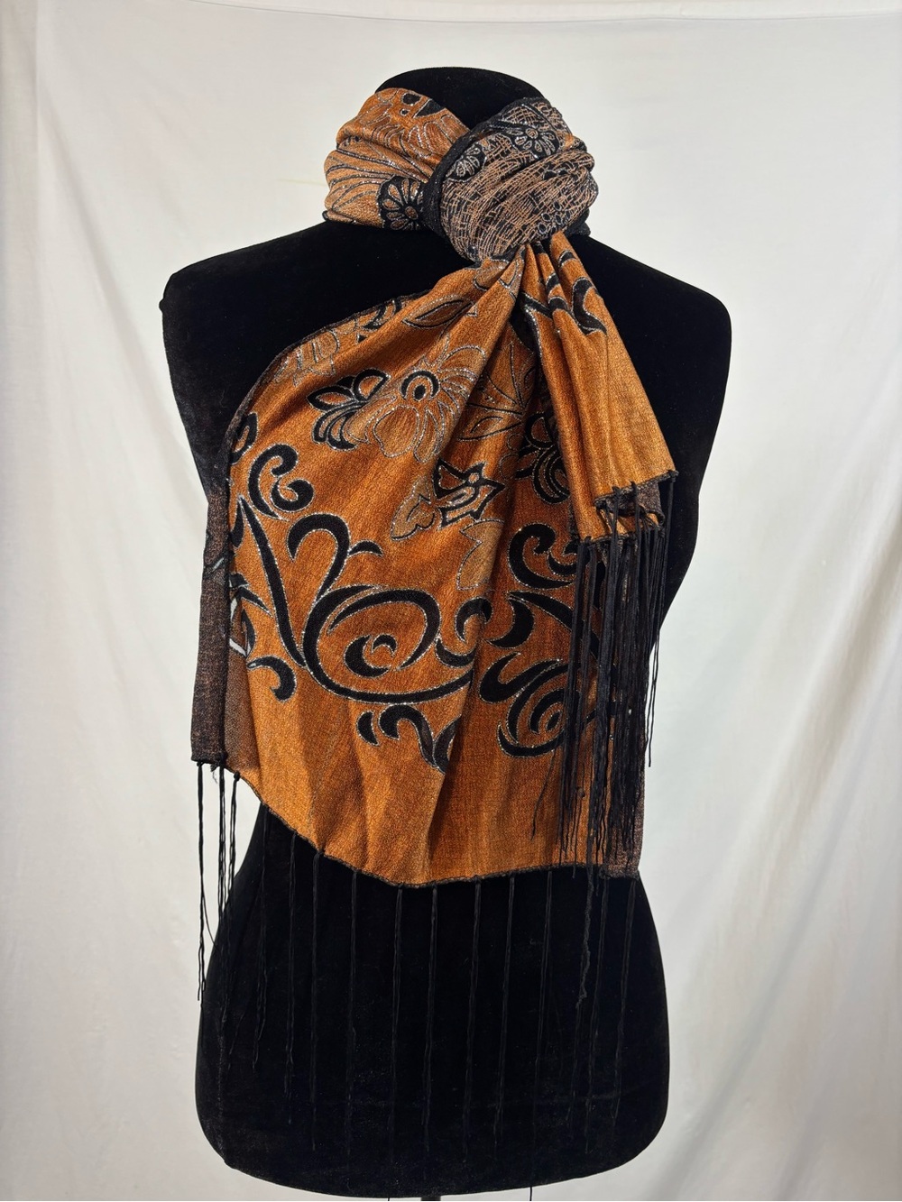 Burnt Orange Black Floral Fringe Scarf Boho Whimsigoth Metallic Artsy Fall